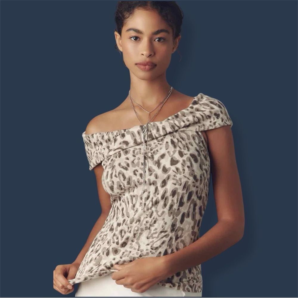 NWT Anthropologie Pilcro Leopard Print Off-Shoulder Ribbed Knit Blouse